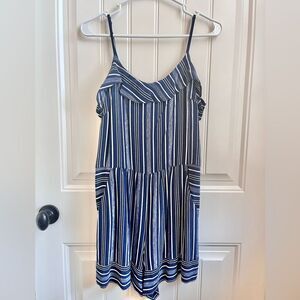 Ann Taylor Loft Romper Navy Blue White Stripes Size 8 Ruffles Shorts Pockets